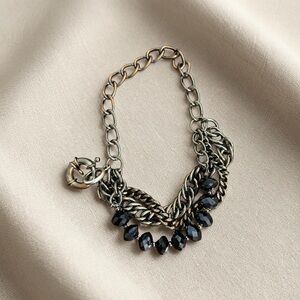 Chunky Layered Black Bead & Silver Tone Chain Statement Necklace